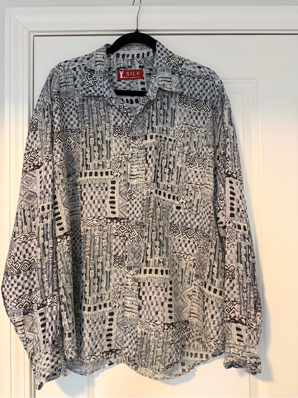 Vintage Y Silk 100% Washed Silk Shirt Large Abstract Geometric Button Down
